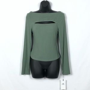 7 for All Mankind Women’s Light Olive Cutout Front Ribbed Knit Longsleeves Top